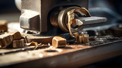 Closeup Macro View of a Metal Nut Firmly Fastened on a Piece of Industrial Machinery or Equipment  Detailed Shot Showcasing the Textural and Mechanical Elements of the Hardware Component