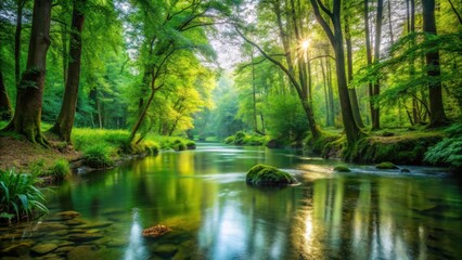 Fototapeta premium Tranquil water flows gently through dense foliage amidst towering trees and vibrant greenery in a secluded forest glade, serene stream, natural scenery