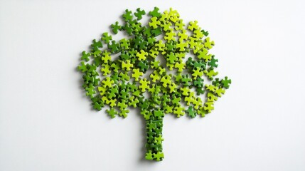Fototapeta premium Vibrant green tree-shaped jigsaw puzzle artistic display indoor environment creative concept