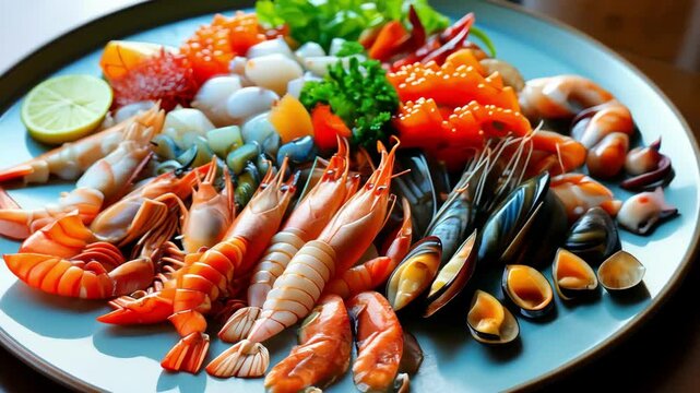 A vibrant seafood platter featuring a variety of fresh shellfish