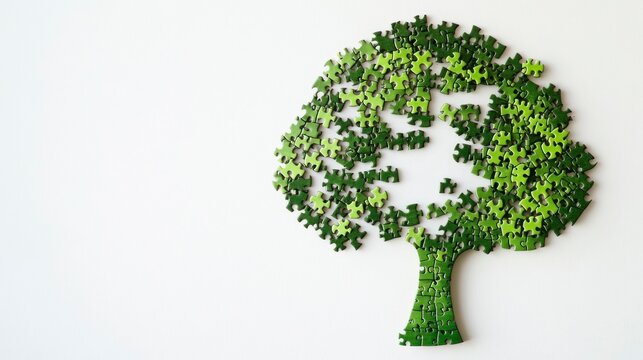 Vibrant green tree-shaped jigsaw puzzle art creative workspace digital art minimalistic close-up nature theme