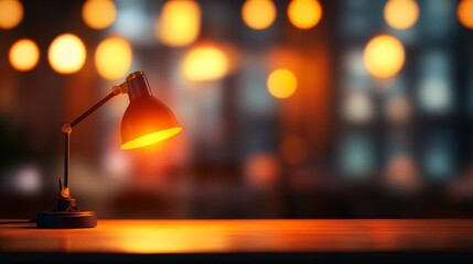 Warm-lit Desk Lamp on Wooden Table with Blurred Bokeh Background