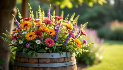 Vibrant Mixed Flower Arrangement in Rustic Barrel Garden Decor