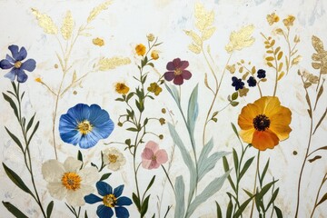 vintage botanical illustration with pressed flowers and gold foil accents