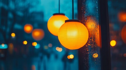 Orange Lights Hanging in Rain on a City Window at Night