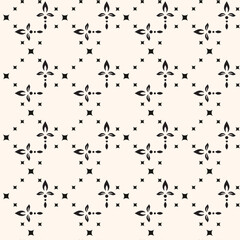 Simple minimalist floral pattern. Minimal seamless texture with small flower shapes. Abstract black and white geometric background. For print, package