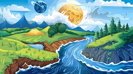 Breathtaking panoramic view of a lush mountainous landscape featuring a winding river cascading waterfall and verdant forests in an idyllic serene countryside setting