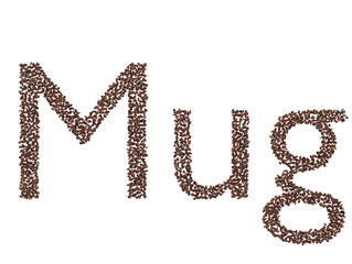 Fototapeta premium 3D Render of the Word 'Mug' Crafted from Coffee Beans on Transparent Background