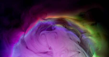 Ink vapor. Haze mix. Purple mist dye shot explosion on multicolor round art liquid surface. Mystic neon smoke water abstract background.