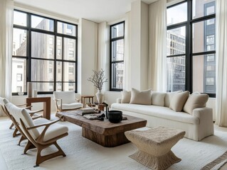 Modern minimalist living room with city views