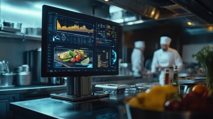Restaurant kitchen with digital display showing data and graphs of a busy restaurant with chefs working in the background