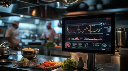 Restaurant kitchen with digital display showing data and graphs of a busy restaurant with chefs working in the background