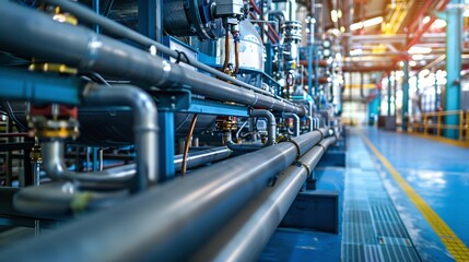 Obraz premium Complex industrial pipework machinery and equipment inside a large factory or warehouse setting Rows of metal pipes tubes and mechanical systems in a modern