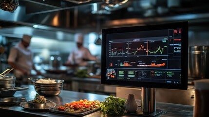Restaurant kitchen with digital display showing data and graphs of a busy restaurant with chefs working in the background
