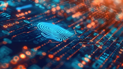 Detailed digital fingerprint scanning technology on a futuristic HUD interface representing biometric security and identification for advanced data protection and access control systems