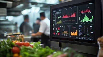 Restaurant kitchen with digital display showing data and graphs of a busy restaurant with chefs working in the background