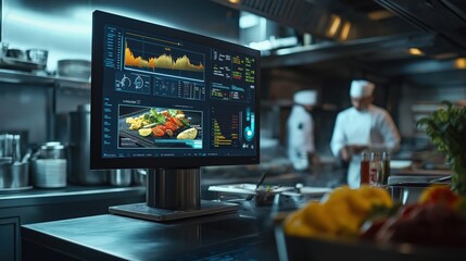 Restaurant kitchen with digital display showing data and graphs of a busy restaurant with chefs working in the background