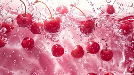 Fresh Red Cherries Bubbles Water Splash Close Up Aesthetic Background