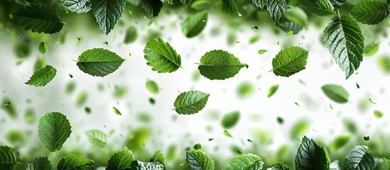 Falling Green Leaves Isolated on Soft Background with Motion Blur