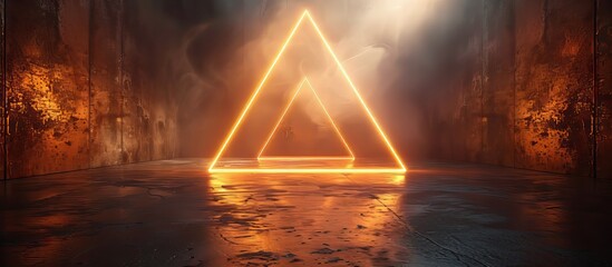 Glowing Neon Triangle in Dark Industrial Space with Fog Effects