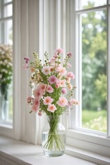 Delicate Pink Blooms in a Glass Vase by a Window with a View