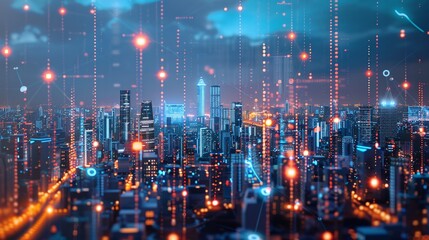 Futuristic and modern cityscape skyline at night with glowing skyscrapers illuminated infrastructure and transportation network reflecting in the waters below