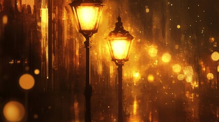Warm Golden City Night with Glowing Streetlights