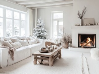 Fototapeta premium Cozy Winter Living Room Decor With Fireplace And Snow Tree