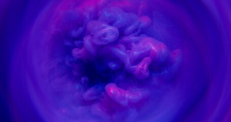 Glitter spreading. Fume burst. Violet blue purple neon fog flow in art fluid. Fantasy paint blur abstract water background round arch.