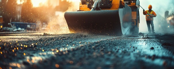 Road Construction at Sunset: Asphalt Paving