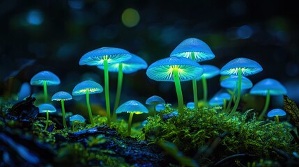 Fototapeta premium Bioluminescent Mushrooms in Dark Forest Setting at Night