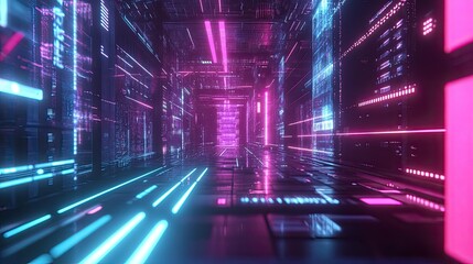 Futuristic Neon Corridor with Bright Lights and Digital Elements