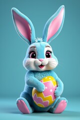 a close up of a blue bunny holding a large easter egg
