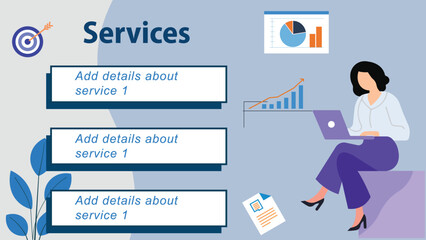 A professional business service presentation slide featuring a female character with a laptop, data charts, and editable service sections. Ideal for corporate presentations and infographics.