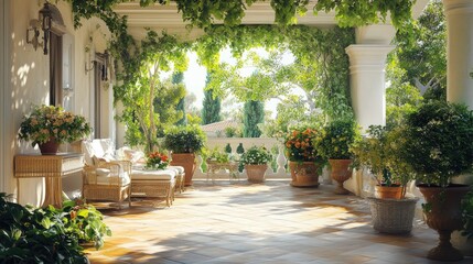 Fototapeta premium Serene Garden Balcony with Lush Greenery and Bright Flowers
