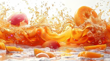 Vibrant Splash of Orange and Peach Fruits in Refreshing Juice Mix
