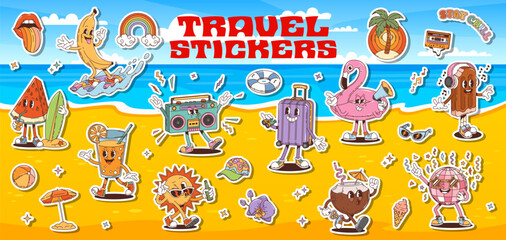 Cartoon groovy travel and summer vacation stickers pack featuring playful characters like a surfing banana, watermelon with surfboard, dancing suitcase, flamingo float on a sunny beach background