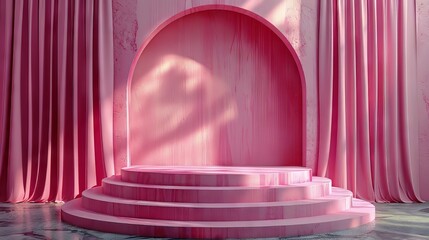 Elegant Pink Stage With Curved Arch and Draped Curtains