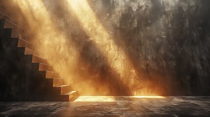 Ethereal Light Beams Illuminating Dark Staircase and Wall Texture