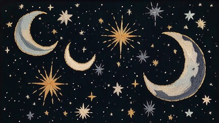 Naklejka premium Celestial Embroidery Design, intricate moons and stars, enchanting patterns, perfect for cosmic-themed textiles and decor