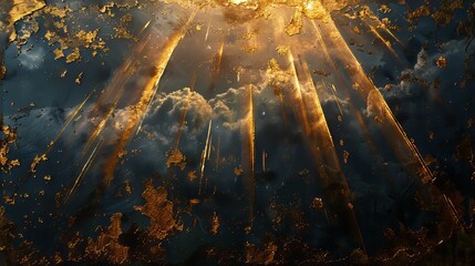 Dramatic Golden Rays Piercing Through Dark Overcast Sky