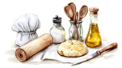 Fototapeta premium Watercolor Painting of Baking Ingredients and Tools