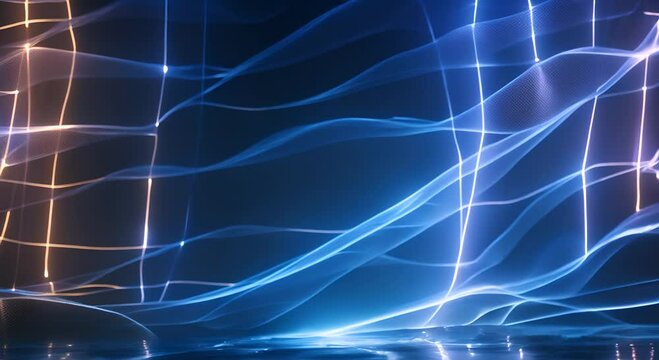 Futuristic simulation of translucent blue waves traveling through a dark environment, interspersed with floating digital nodes and holographic light effects