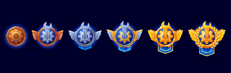 Engineer level medal, game rank badge. Vector progression of mechanical themed achievement trophies featuring gears, wrenches and wings range from bronze to gold symbolizing increasing ranks or levels