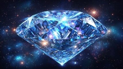 Sparkling blue diamond in space.