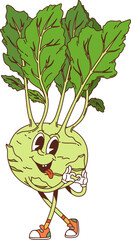 Cartoon groovy kohlrabi cabbage vegetable character. Fun and quirky healthy vitamin food. Vector ripe veggie retro personage with a cheerful face, green leaves striking playful pose with heart gesture