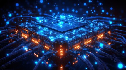 Futuristic glowing CPU with energy flow.