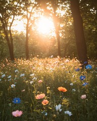 Obraz premium Golden hour light filters through trees illuminating a field of colorful wildflowers in the forest