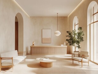 Fototapeta premium Minimalist Beige Reception Area With Modern Furniture