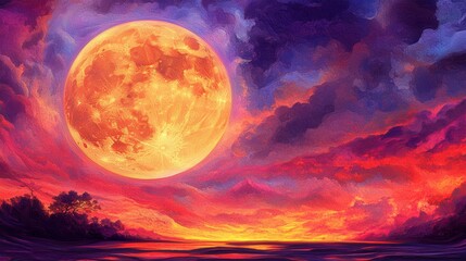 Fiery sunset with a giant orange moon dominating the sky.  Warm, vibrant colors paint a dreamy landscape.